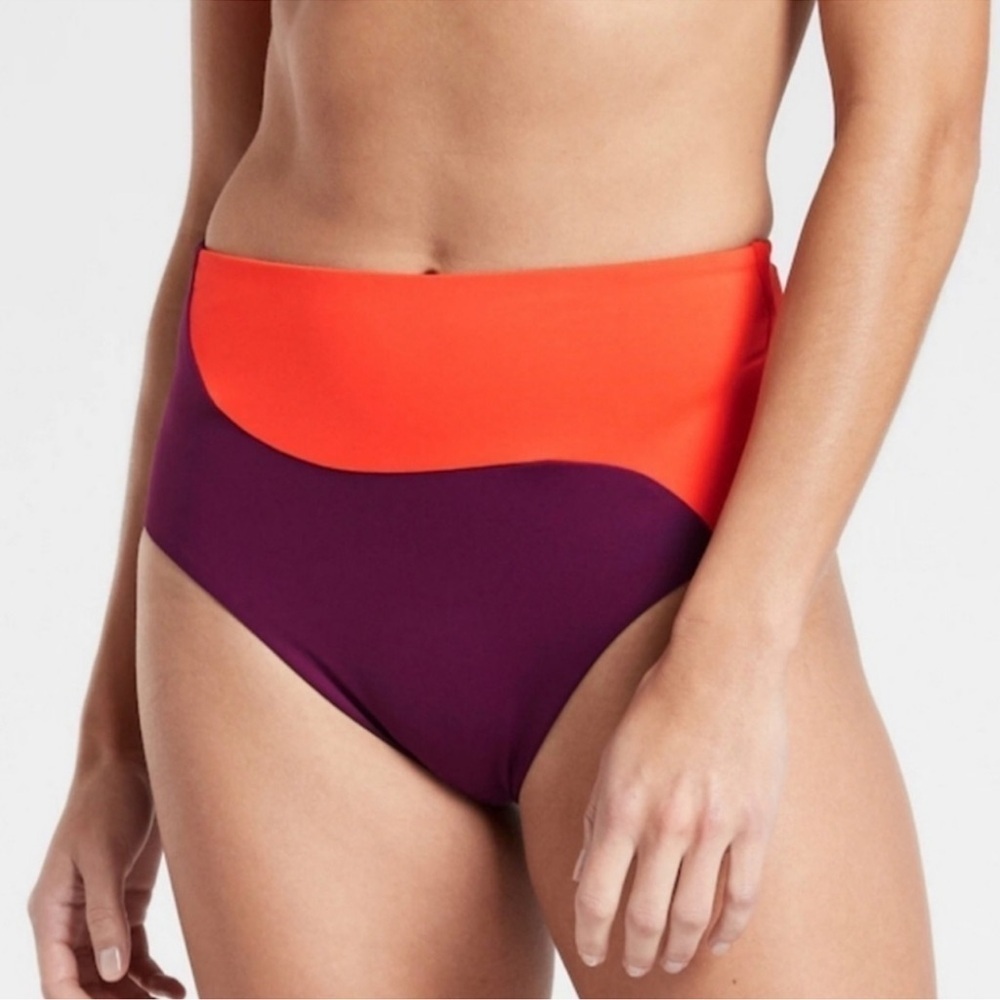NEW Asym High Waist Bikini Bottom 530877 Red Purple Small NWT